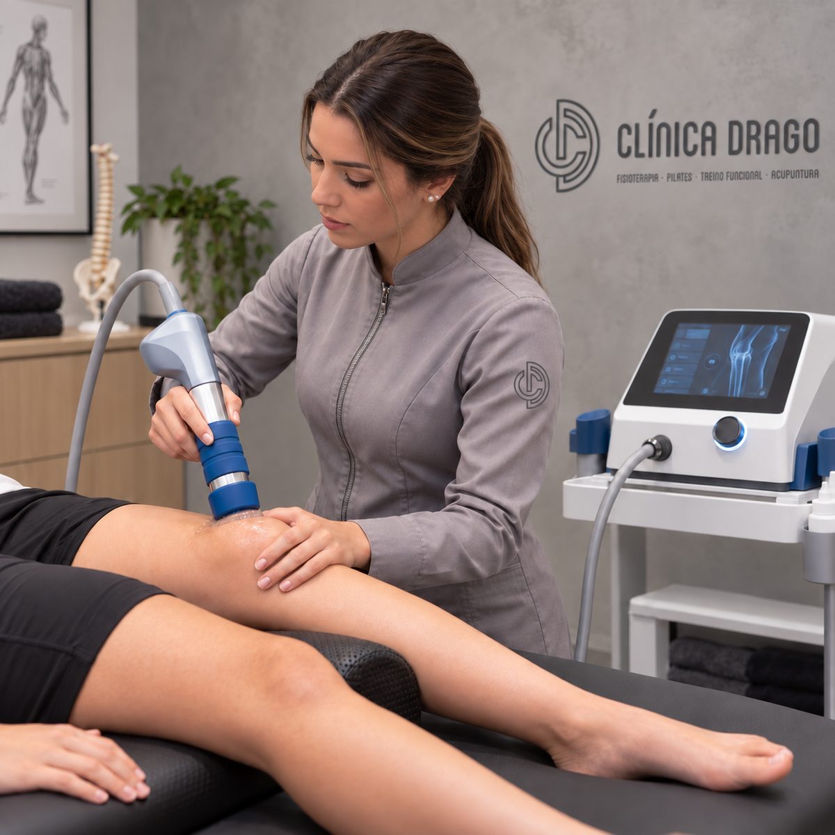 Fisioterapeuta aplicando terapia por ondas de choque no joelho